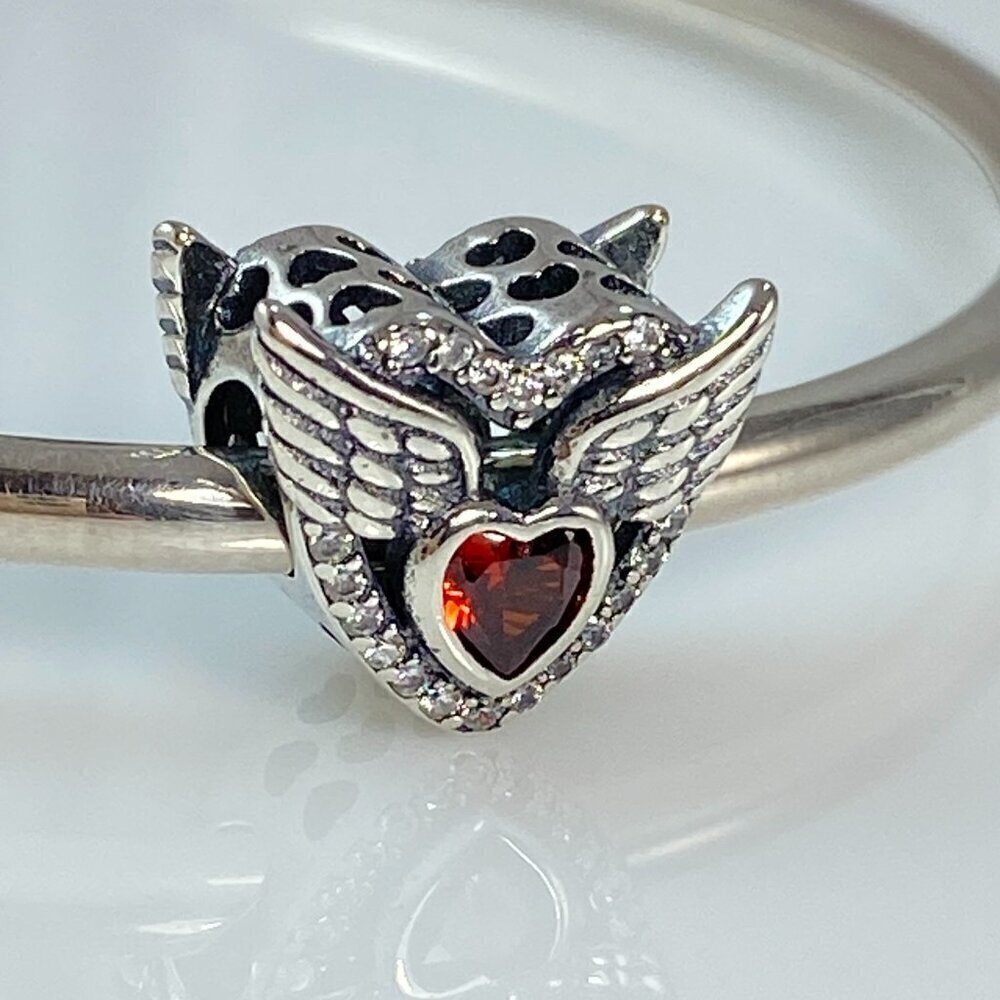 Sterling Silver Red Cubic Zirconia Heart with Wings Charm